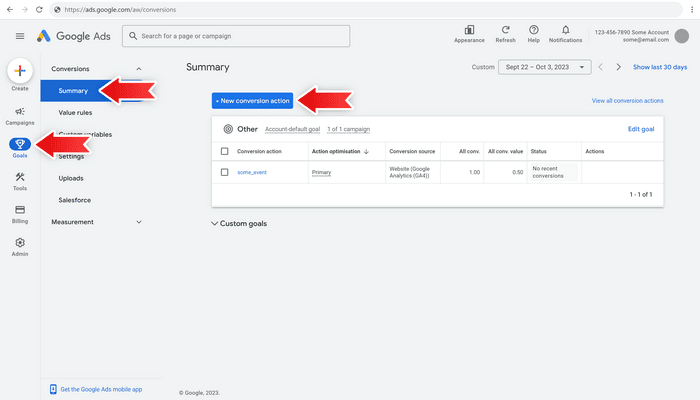 Screenshot of creating new conversion action in Google Ads