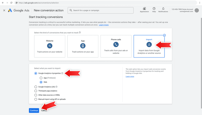 Screenshot of importing conversion event from Google Analytics 4 into Google Ads
