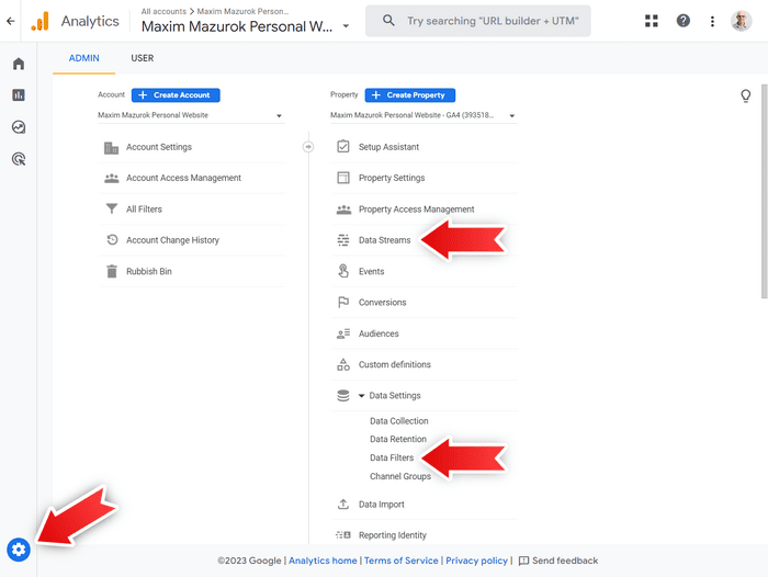 Screenshot of finding Data Streams and Data Filters in GA4 property