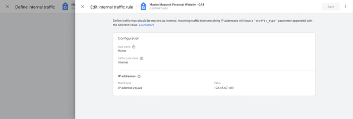 Screenshot of defining Internal Traffic rule in GA4