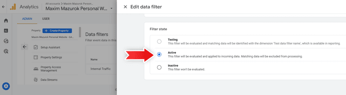 Screenshot of activating Data Filter in Google Analytics 4