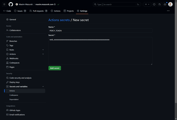 Adding a new secret for GitHub Actions