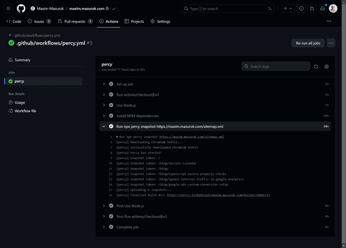 Log of running percy snapshot command in GitHub Actions